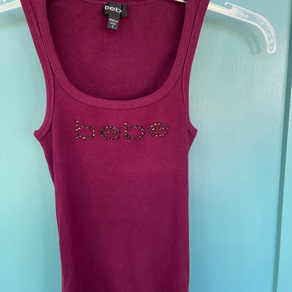 Bebe Burgandy Tank Top With Rhinestone Logo Size Sm